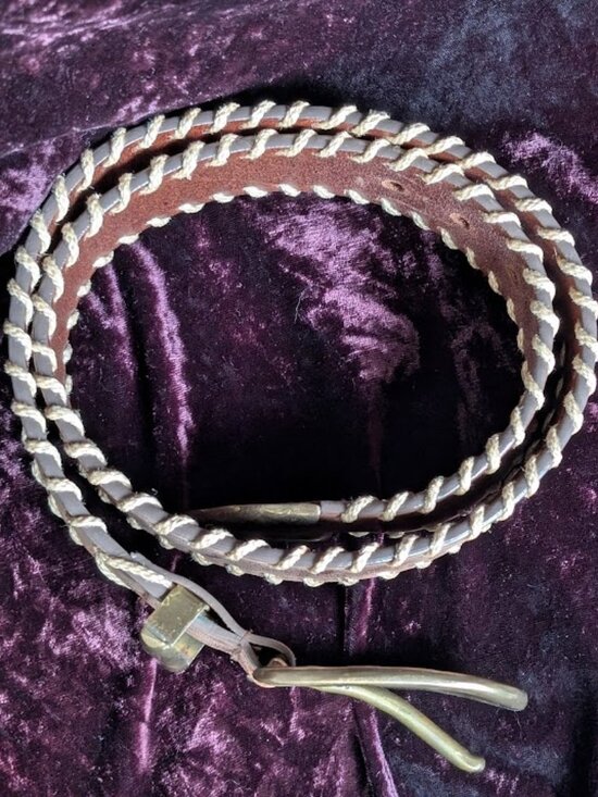 Vintage Brass and Leather Belt with Rope Edge - handsome & thick - 32\